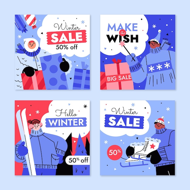 Hand drawn flat winter sale instagram posts collection