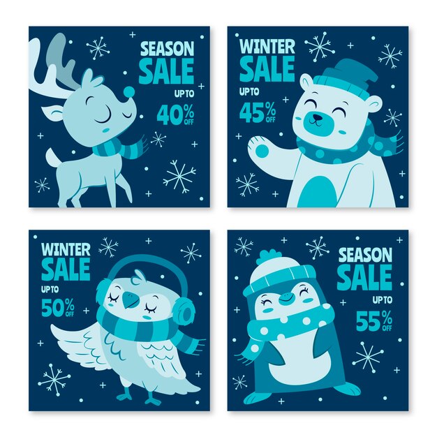 Hand drawn flat winter sale instagram posts collection