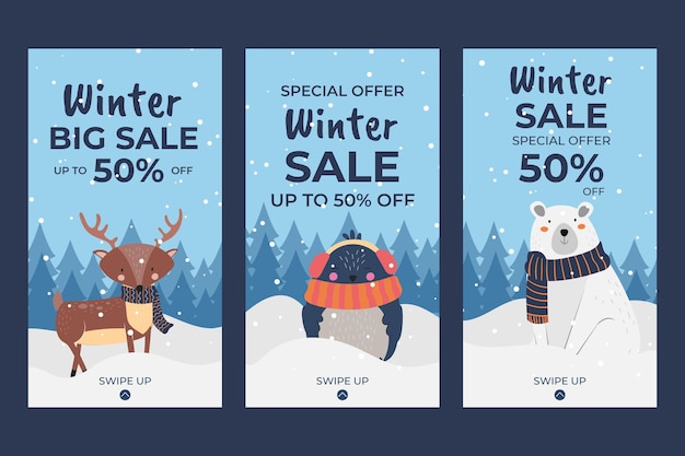 Ручной обращается плоская зимняя распродажа коллекция историй instagram с зимними животными