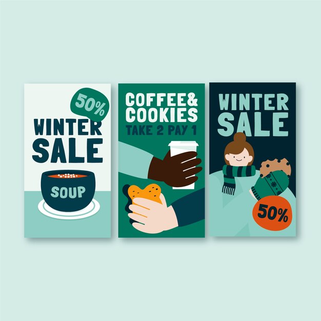 Hand drawn flat winter sale instagram stories collection