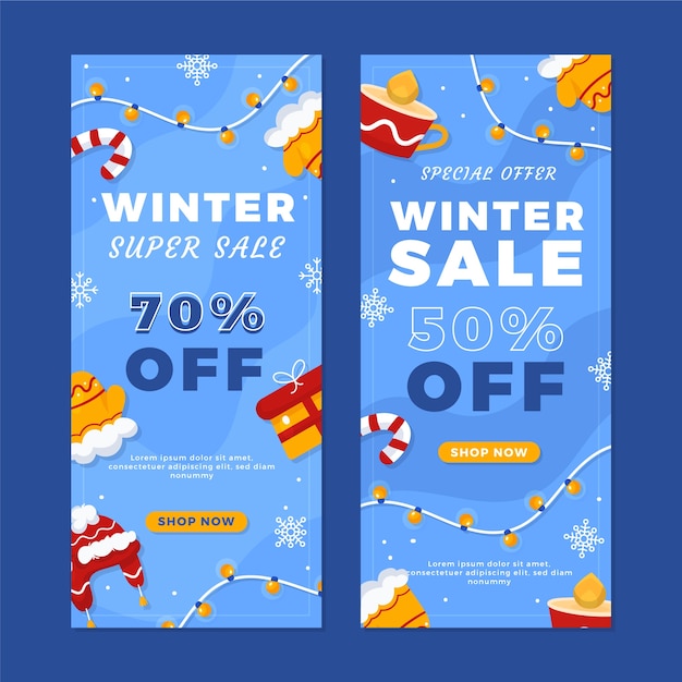 Set di banner verticali di vendita invernale piatta disegnata a mano