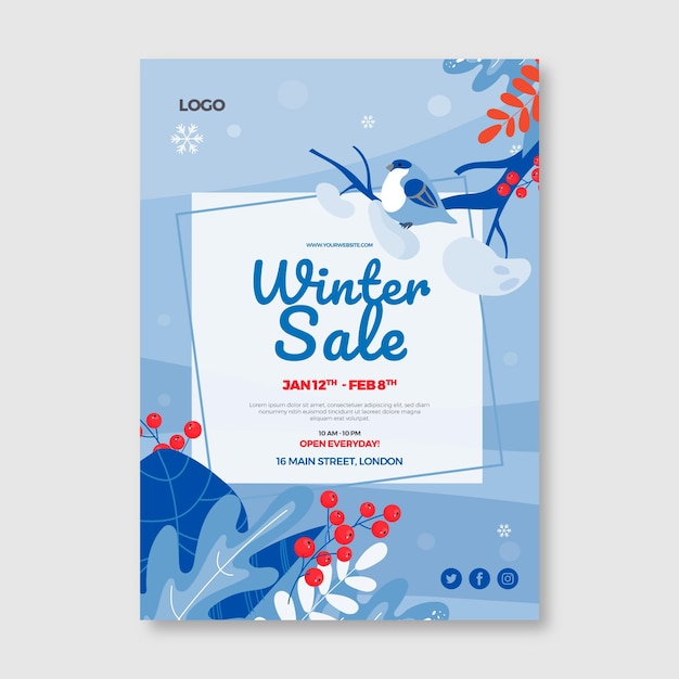 Hand drawn flat winter sale vertical poster template with leaves