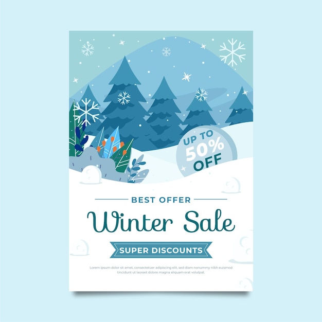 Hand drawn flat winter sale vertical poster template