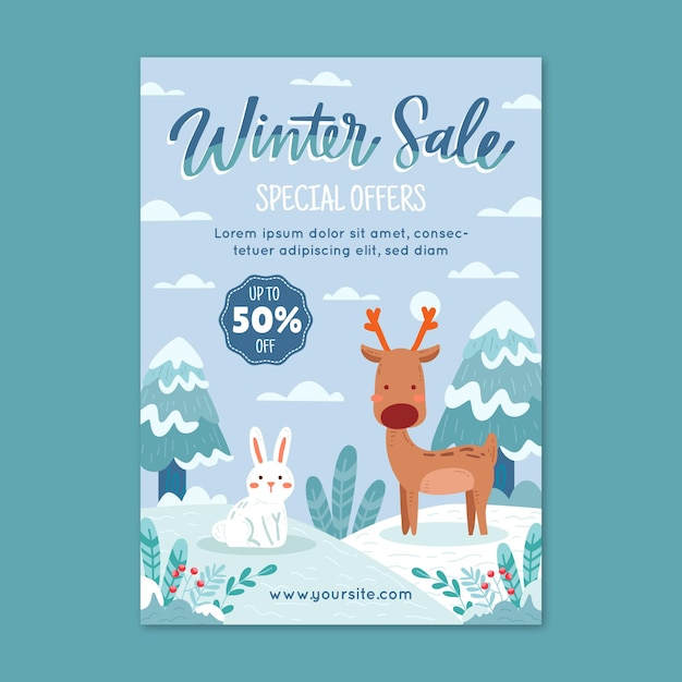Vettore gratuito modello di poster verticale di vendita invernale piatto disegnato a mano