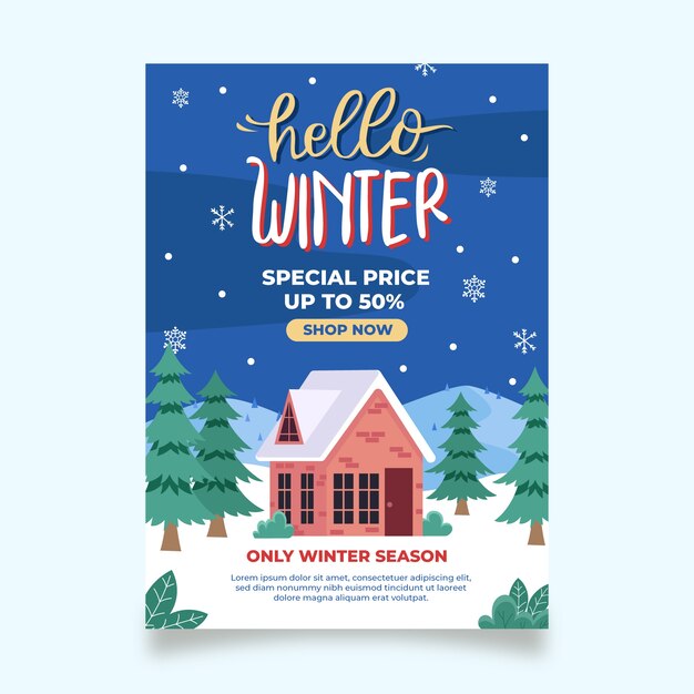 Hand drawn flat winter sale vertical poster template