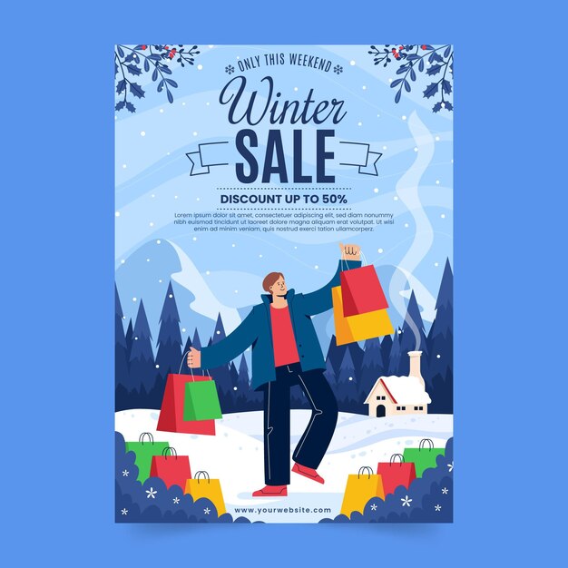 Hand drawn flat winter sale vertical poster template