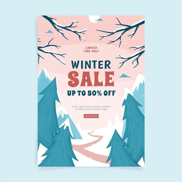 Hand drawn flat winter sale vertical poster template