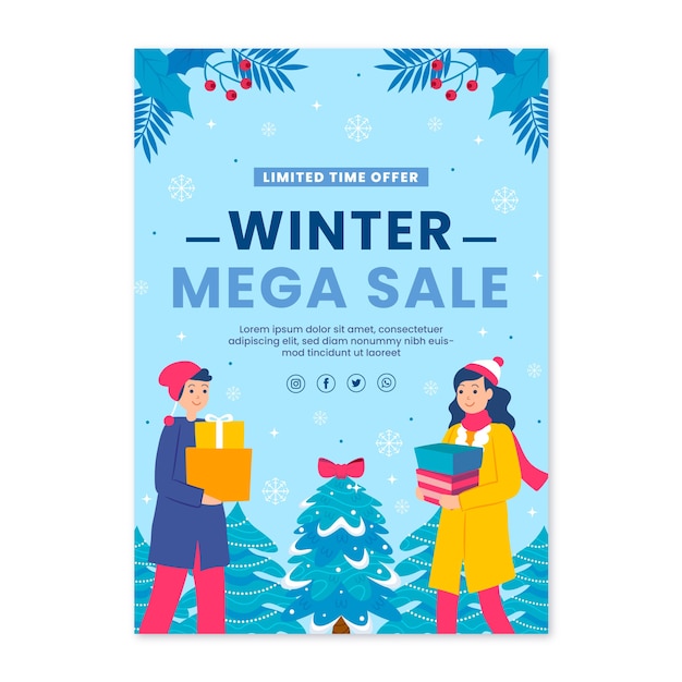 Hand drawn flat winter sale vertical poster template