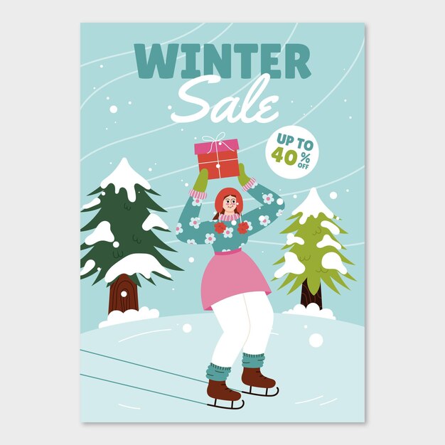 Hand drawn flat winter sale vertical poster template