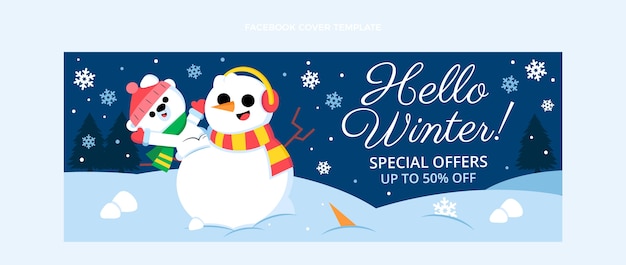 Hand drawn flat winter social media cover template