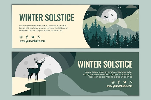 Hand drawn flat winter solstice horizontal banners set