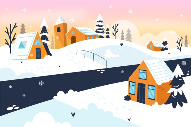 Free vector hand drawn flat winter village illustration