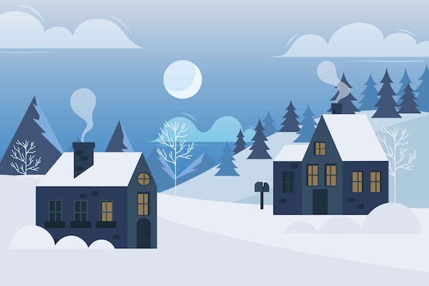 Бесплатное векторное изображение Нарисованная рукой плоская иллюстрация зимней деревни