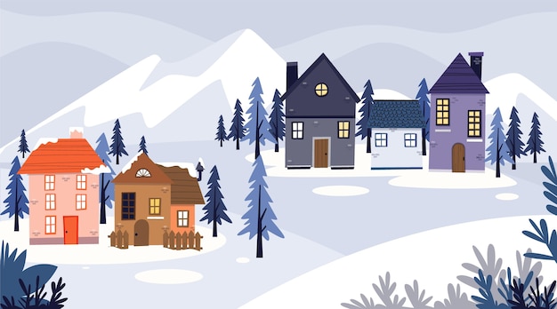 Hand drawn flat winter village illustration