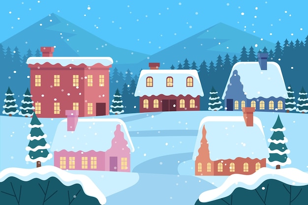 Free vector hand drawn flat winter village illustration