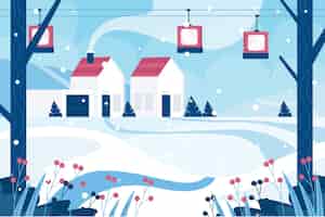 無料ベクター 手描きの平らな冬の村のイラスト