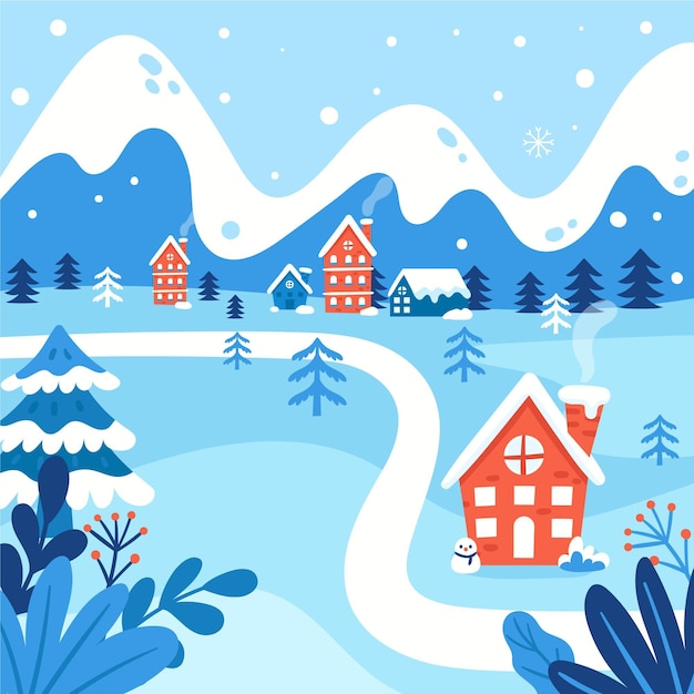 Free Vector hand drawn flat winter village illustration