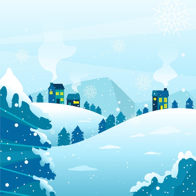 Hand drawn flat winter village illustration