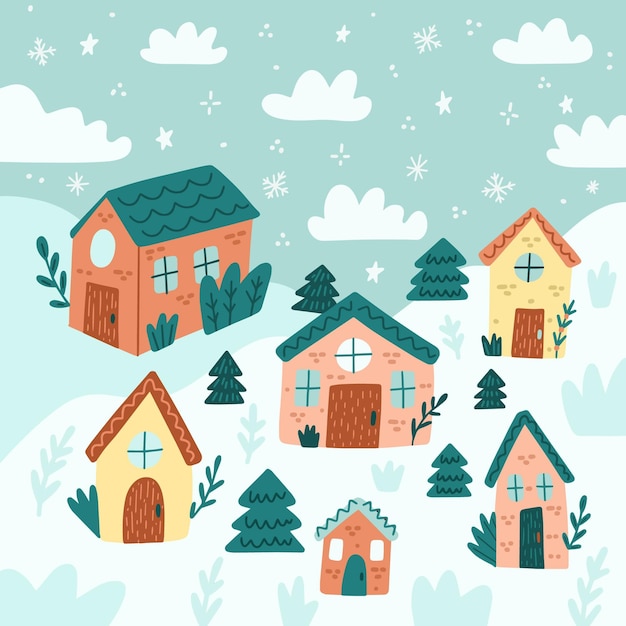 Free vector hand drawn flat winter village illustration