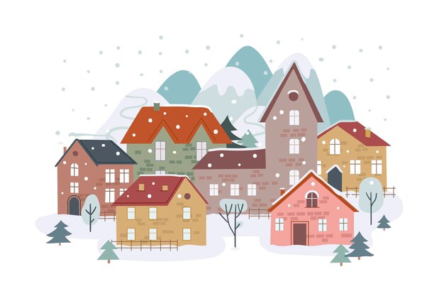 Нарисованная рукой плоская иллюстрация зимней деревни