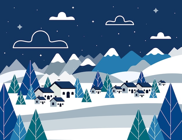 Hand drawn flat winter village illustration