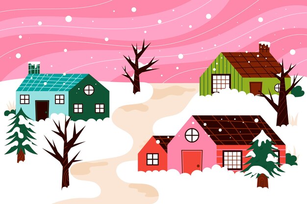 Hand drawn flat winter village illustration