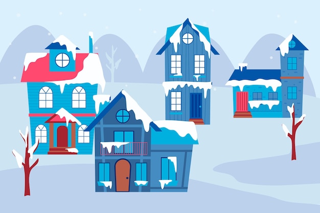 Free vector hand drawn flat winter village illustration