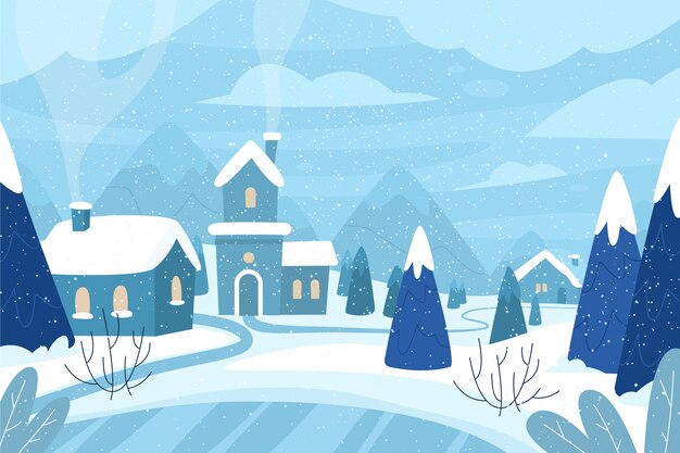 Hand drawn flat winter village illustration