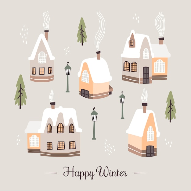 Hand drawn flat winter village illustration