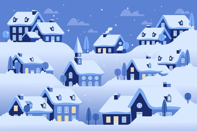 Hand drawn flat winter village