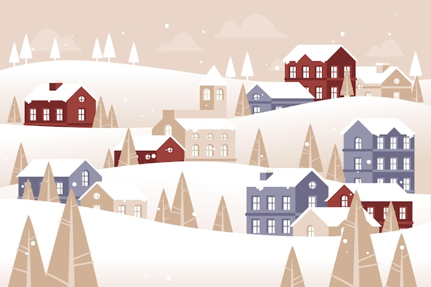 Hand drawn flat winter village