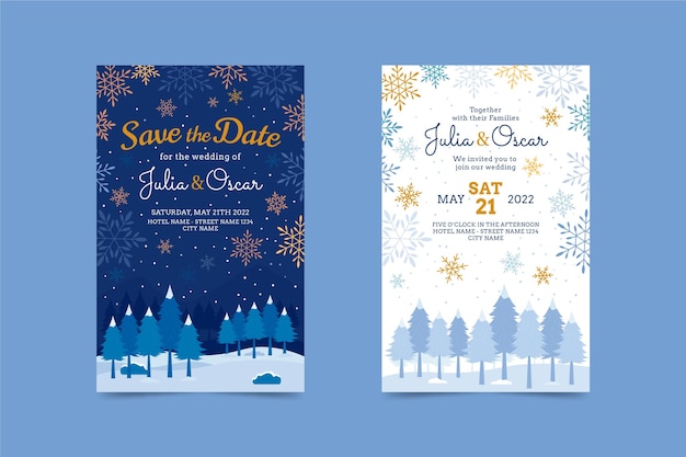 Hand drawn flat winter wedding invitation template