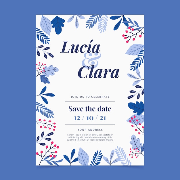 Free vector hand drawn flat winter wedding invitation template