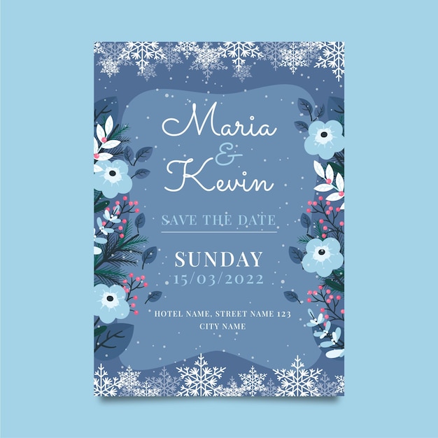 Free vector hand drawn flat winter wedding invitation template