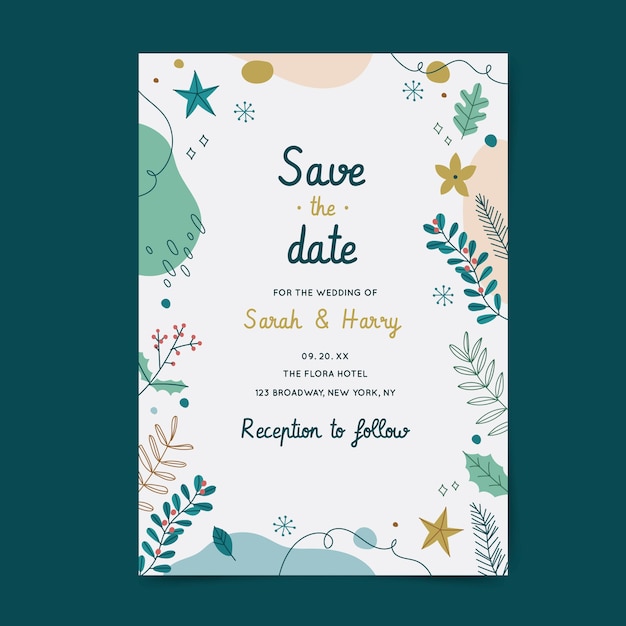 Hand drawn flat winter wedding invitation template