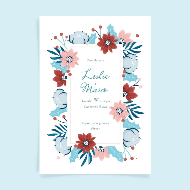 Hand drawn flat winter wedding invitation template