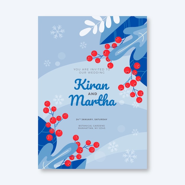 Free vector hand drawn flat winter wedding invitation with leaves