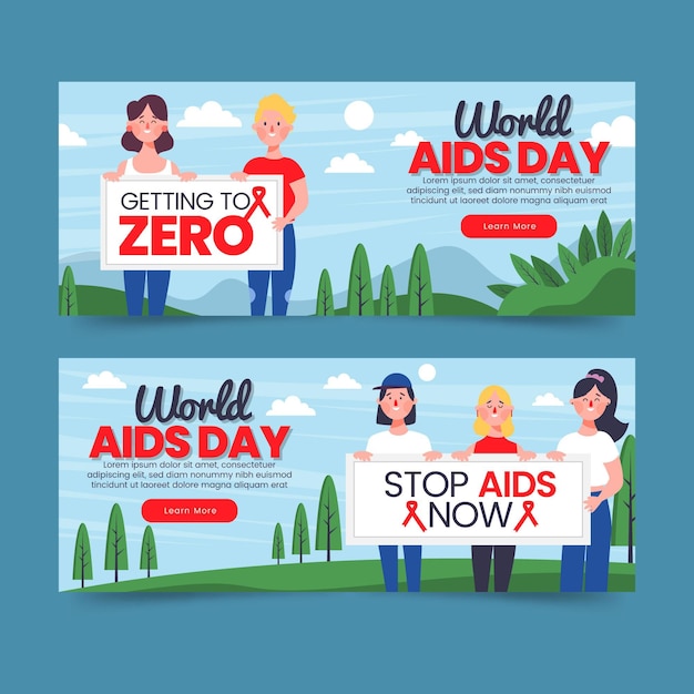 Hand drawn flat world aids day horizontal banners set