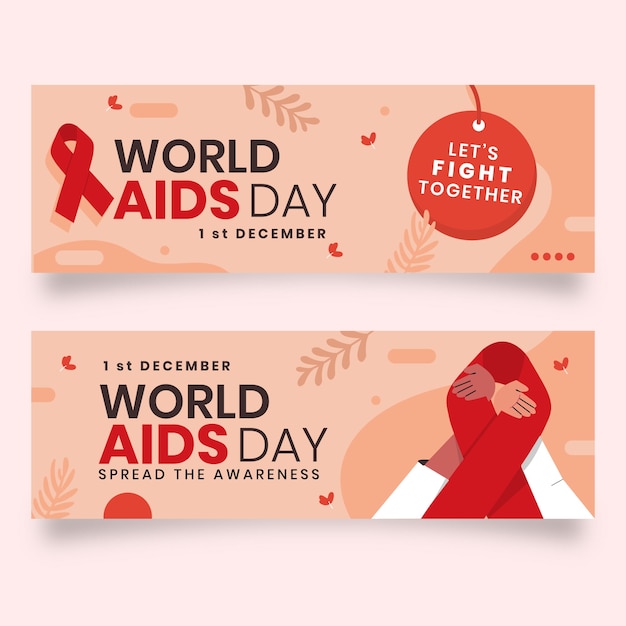 Набор рисованной плоский всемирный день борьбы со СПИДом горизонтальные баннеры