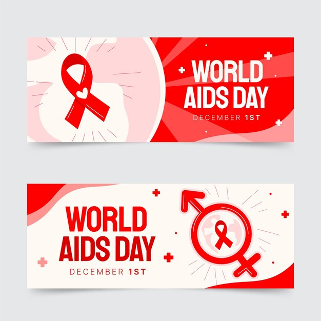 Hand drawn flat world aids day horizontal banners set