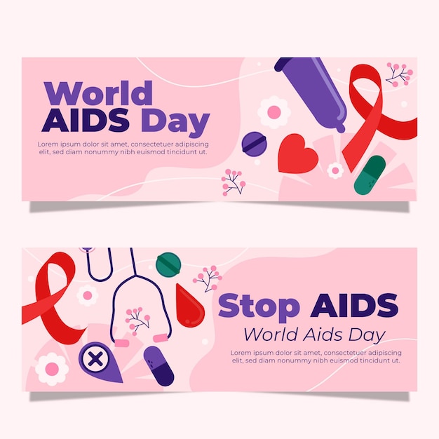 Hand drawn flat world aids day horizontal banners set