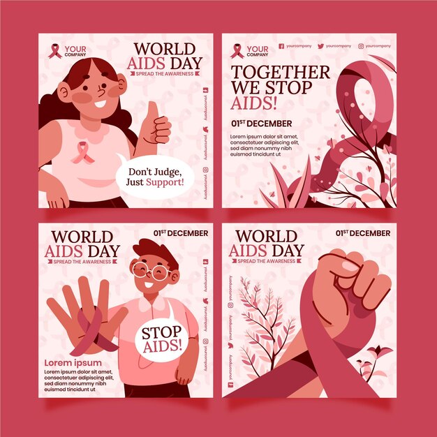 Hand drawn flat world aids day instagram posts collection