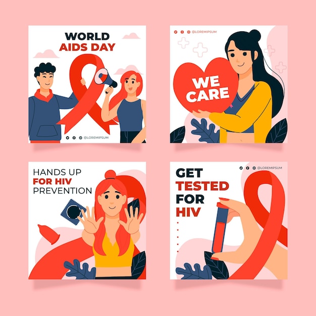 Hand drawn flat world aids day instagram posts collection