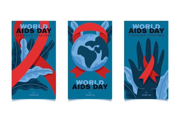 Vettore gratuito collezione di storie di instagram per la giornata mondiale dell'aids piatta disegnata a mano