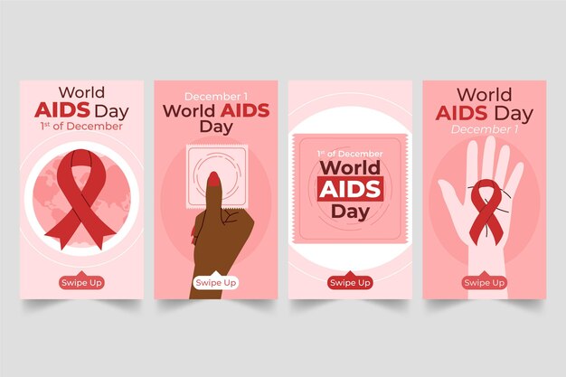 Vettore gratuito collezione di storie di instagram per la giornata mondiale dell'aids piatta disegnata a mano