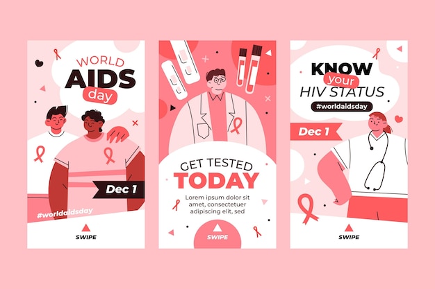 Vettore gratuito collezione di storie di instagram per la giornata mondiale dell'aids piatta disegnata a mano