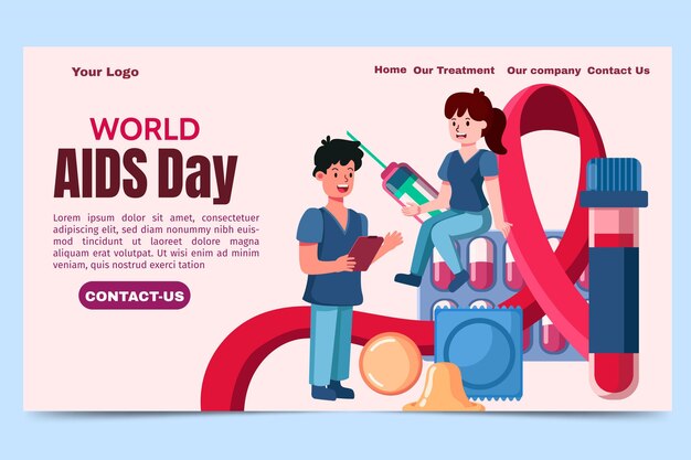 Hand drawn flat world aids day landing page template