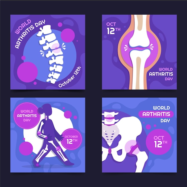 Vettore gratuito collezione di post di instagram per la giornata mondiale dell'artrite piatta disegnata a mano