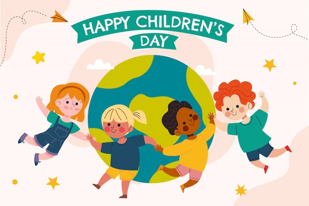 Hand drawn flat world children's day background