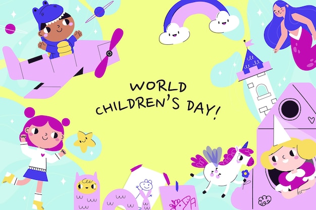 Бесплатное векторное изображение Ручной обращается плоский мир детский день фон